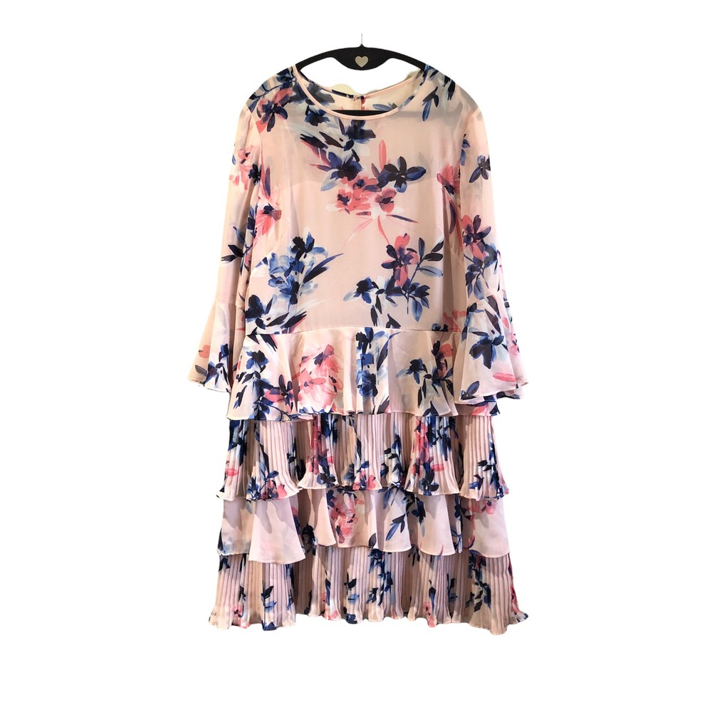 Eliza J Dress Size 12 Bell Sleeves Tiered Ruffle Chiffon Blush Pink Floral